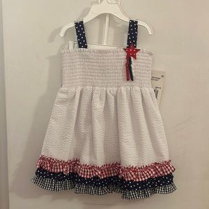 Toddler 2 Piece Set - Red, White, & Blue details on white seersucker